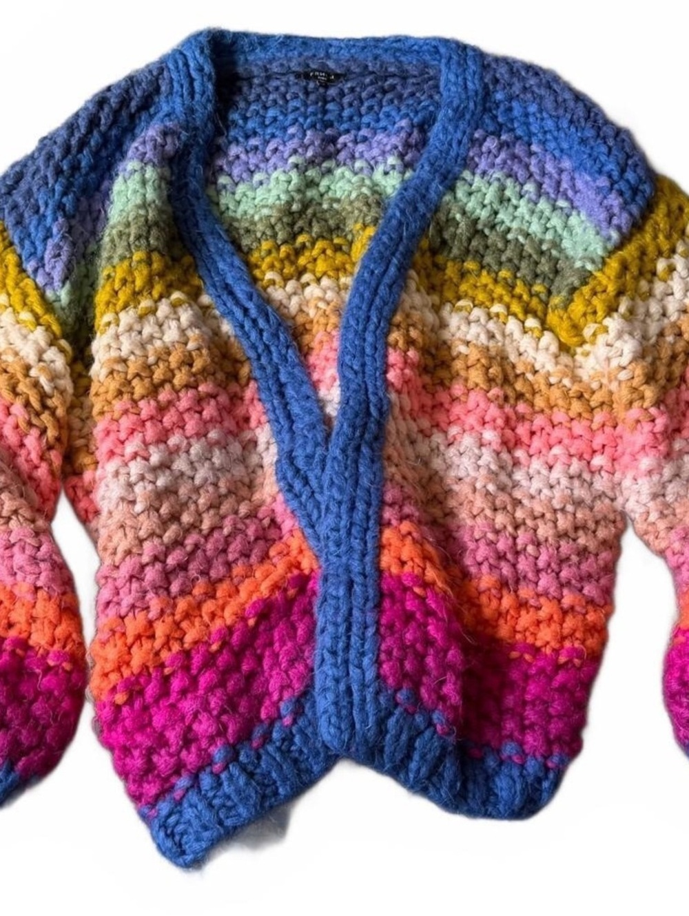 FRNCH Paris Chunky Knit Rainbow Stripe Open Cardigan 100% Acrylic Size SM